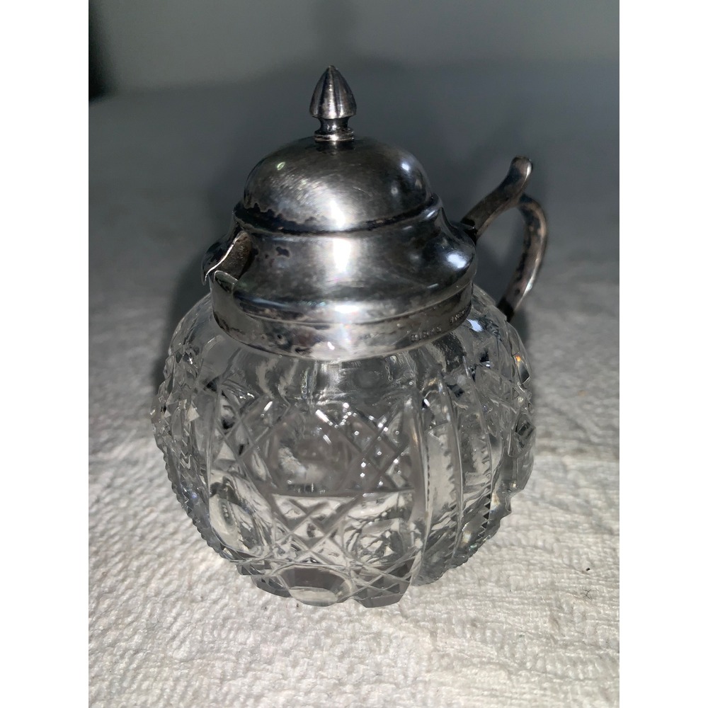 Birks Sterling Silver and Cut Glass Mustard Pot Condiment Antique Jar Hinged Lid